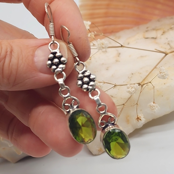 Natural Peridot Stones Silver 925 Earrings - Picture 11 of 12